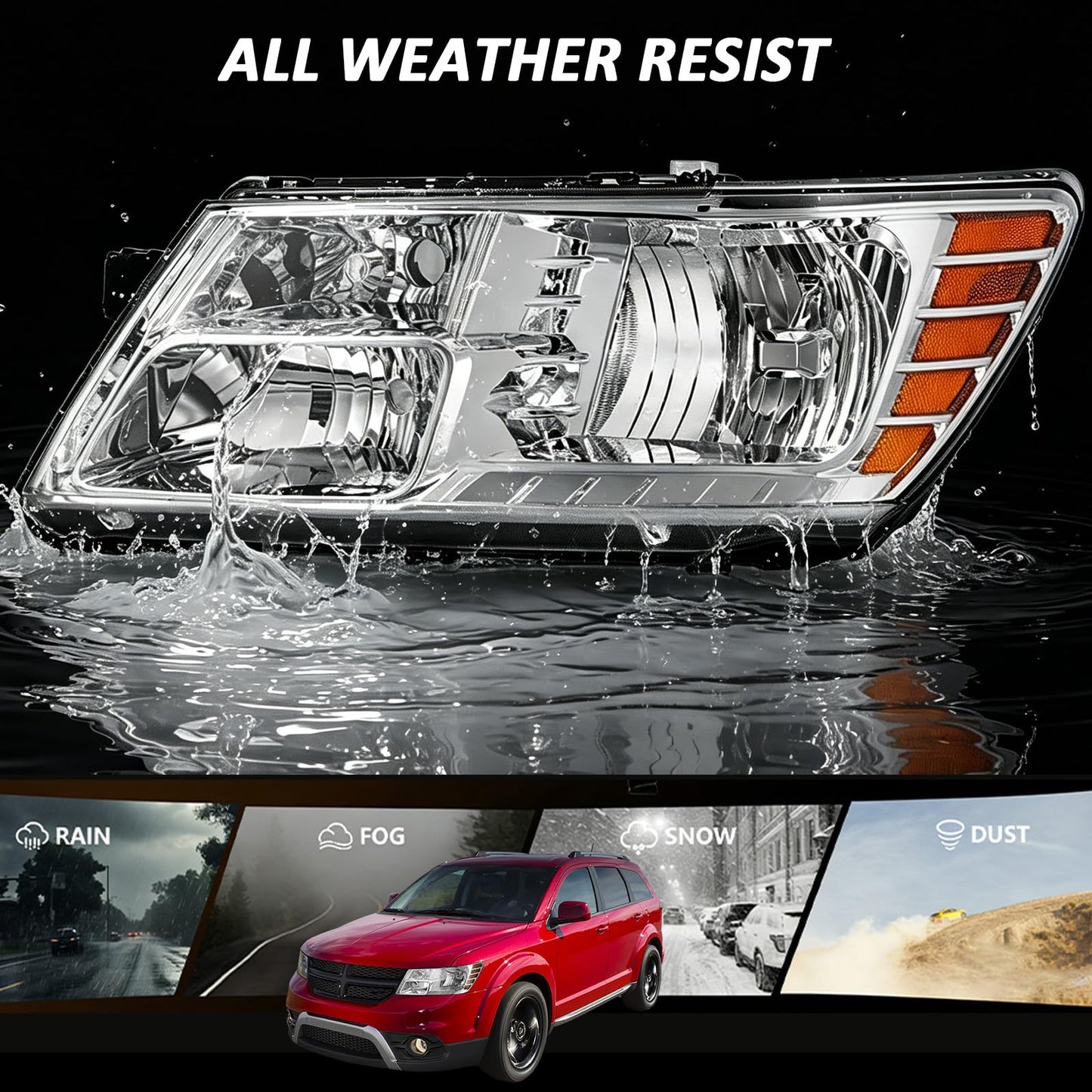 For 2009 2010 2011 2012 2013 2014 2015 2016 2017 2018 2019 2020 Journey Headlight Assembly Compatible with 2009-2018 Dodge Journey Clear Lens Chrome Housing Amber Reflector Headlamp Replacement