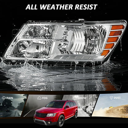 For 2009 2010 2011 2012 2013 2014 2015 2016 2017 2018 2019 2020 Journey Headlight Assembly Compatible with 2009-2018 Dodge Journey Clear Lens Chrome Housing Amber Reflector Headlamp Replacement