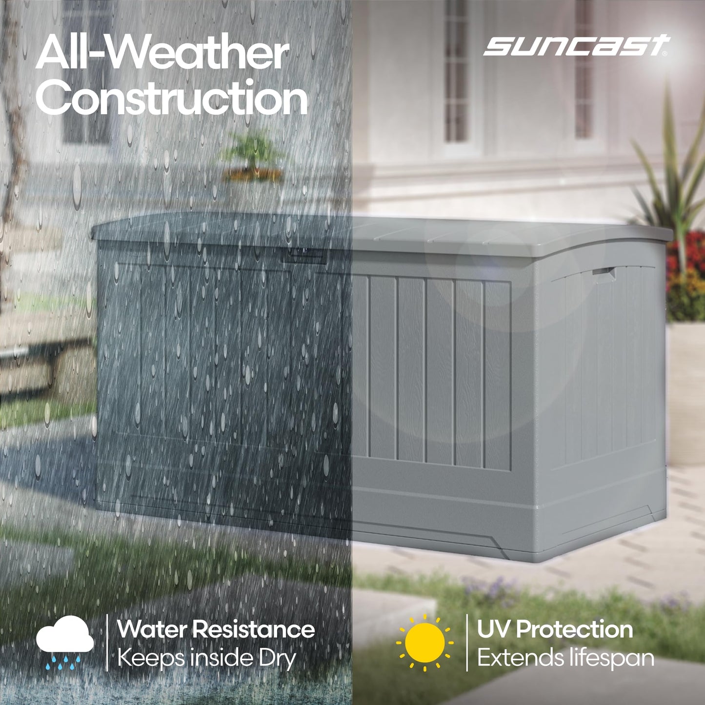 Suncast 200-gal. All-Weather Patio Deck Box, Made in the USA, with Pad-Lockable Lid, Extra-Large Outdoor Storage Unit for Patio Furniture and Grill Tools, Dove Gray Color