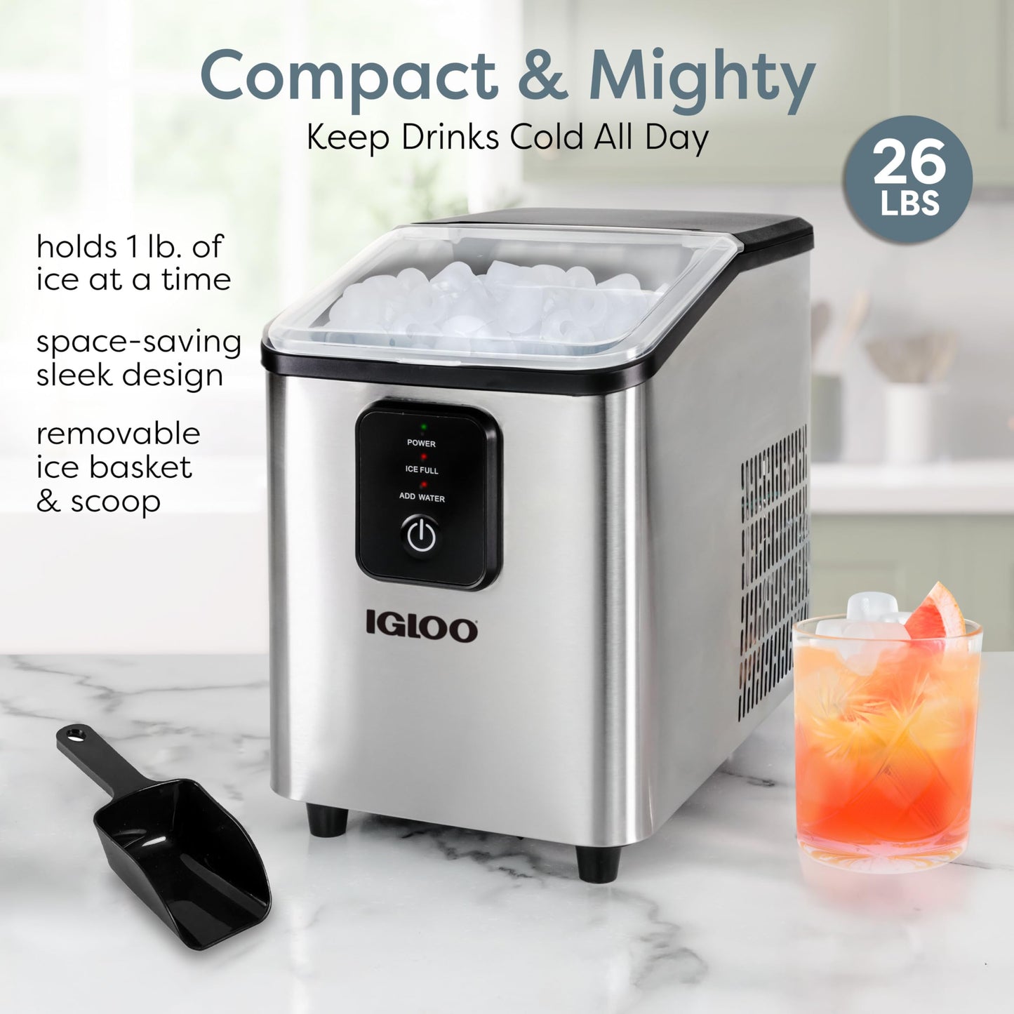 Igloo Portable Ice Maker with Scoop - Countertop Ice Maker with LED Control Panel & 1.5 Quart Water Tank - Ice Cube Maker Produces 26 Lbs. of Ice in 24 Hours with 9 Large or Small Cubes in 7 Minutes