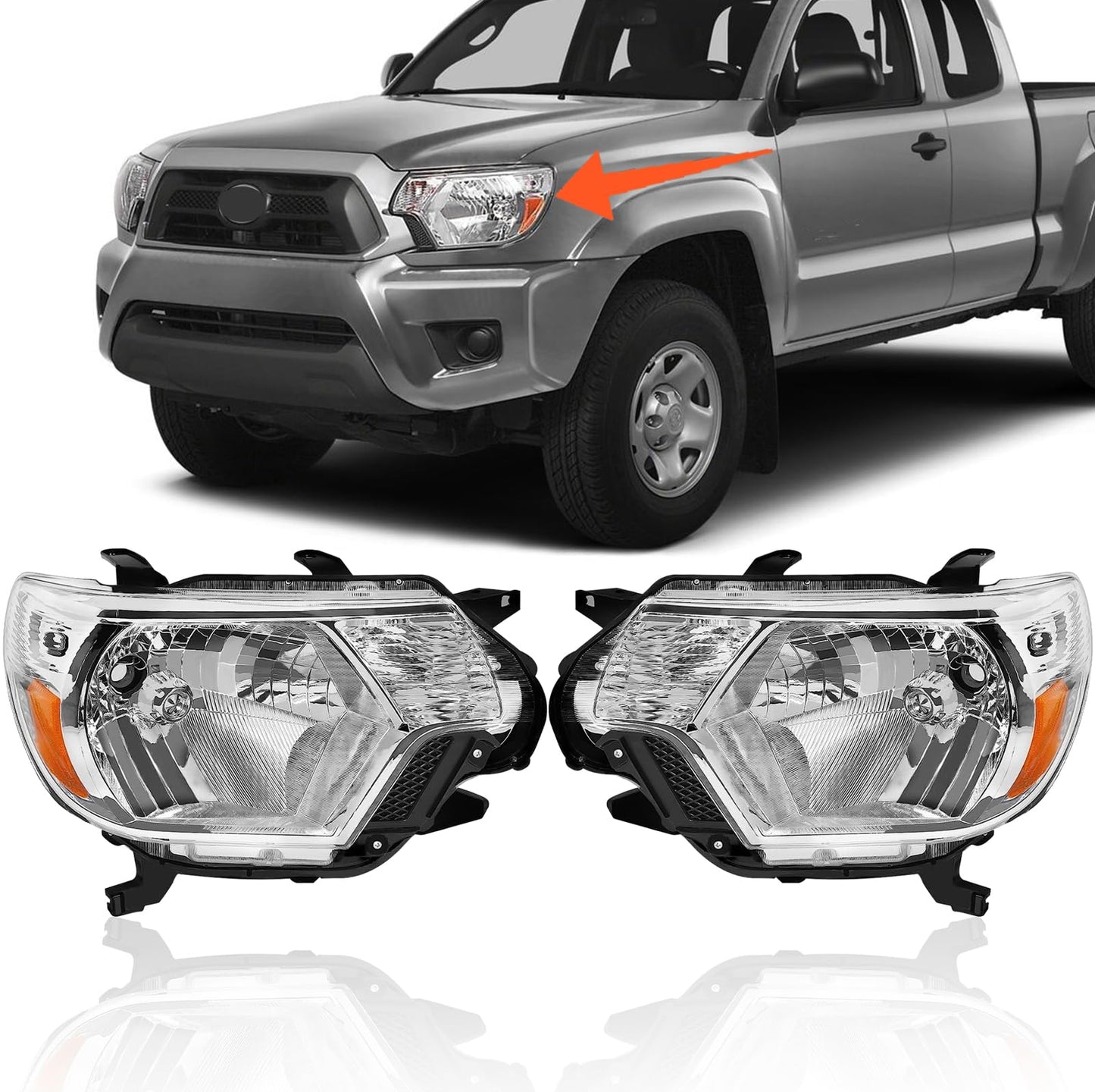 SUPAPRO Pair Headlights For 2012-2015 Toyota Tacoma w/o Bulbs, Halogen Headlamps Chrome Housing, TO2502213, TO2503213