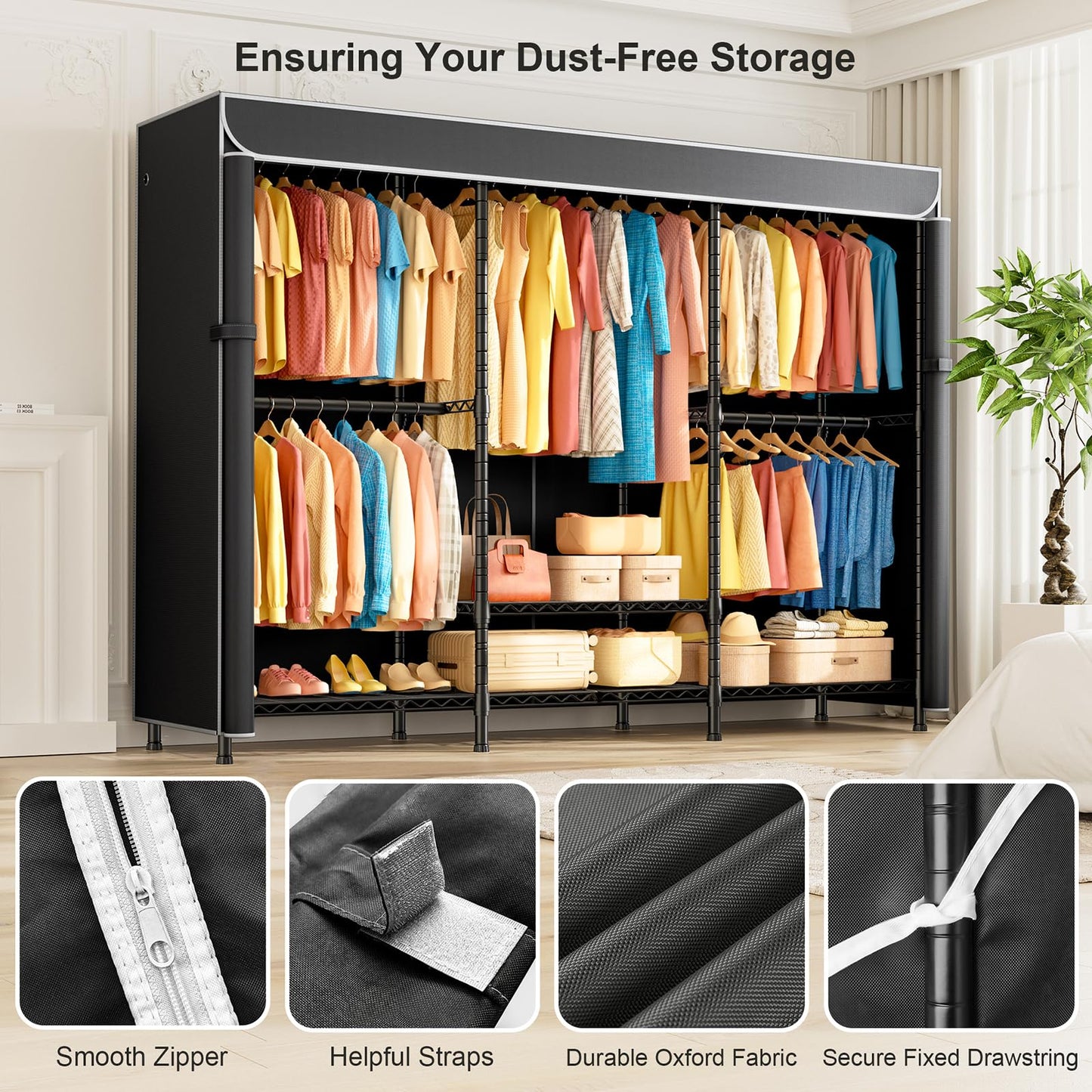 SEMHOR K01C Heavy Duty Clothes Rack with Cover, Freestanding Portable Closet System with Shelves, Adjustable Carbon Steel Garment Rack, Black Clothing Racks for Hanging Clothes, 860LBS Max Load