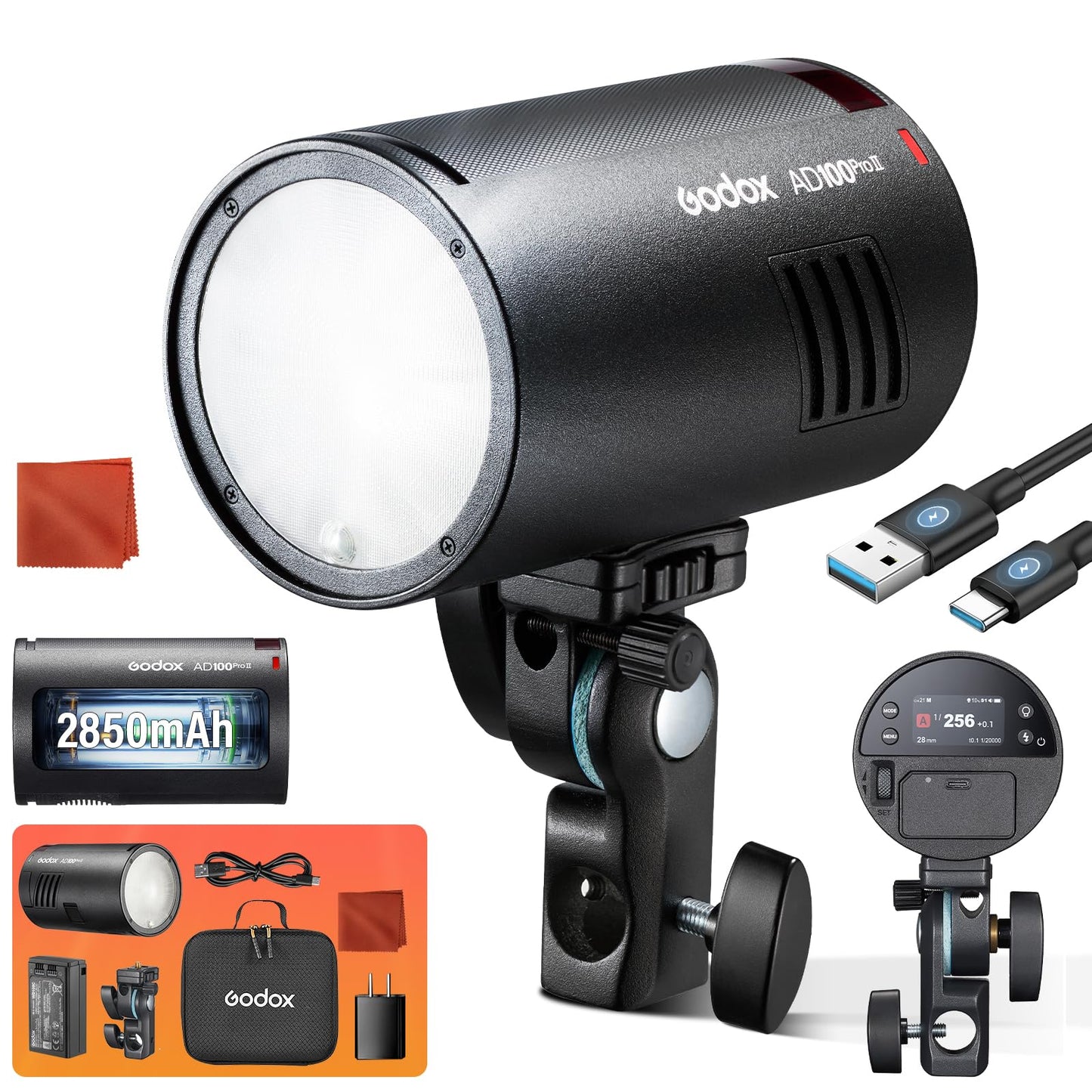Godox AD100 PRO II AD100Pro II AD100ProII Pocket Flash 2026 Godox 100w Strobe Light 2W LED, 490 Full Power Pops, 0.01–1.5s Recycle, TTL/HSS 1/8000s 2850mAh Battery