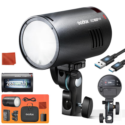 Godox AD100 PRO II AD100Pro II AD100ProII Pocket Flash 2026 Godox 100w Strobe Light 2W LED, 490 Full Power Pops, 0.01–1.5s Recycle, TTL/HSS 1/8000s 2850mAh Battery