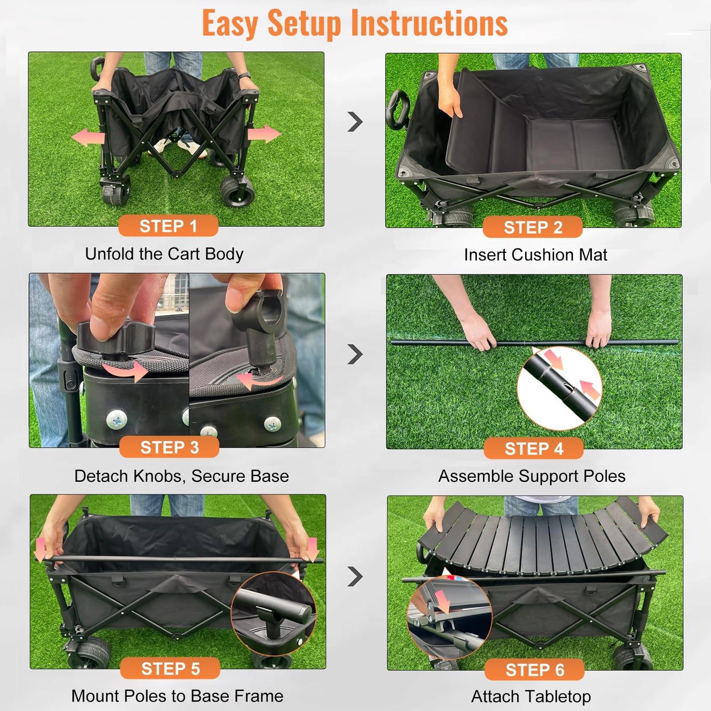 Heavy Duty Collapsible Folding Wagon with Table, 440LBS Capacity Utility Wagon Cart with All-Terrain Wheels, Foldable Beach Camping Wagon for Garden, Sports, Picnics Black
