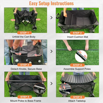 Heavy Duty Collapsible Folding Wagon with Table, 440LBS Capacity Utility Wagon Cart with All-Terrain Wheels, Foldable Beach Camping Wagon for Garden, Sports, Picnics Black