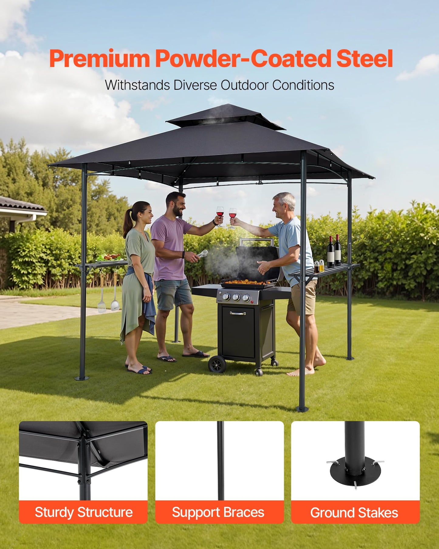 VEVOR Grill Gazebo, 8 x 5 ft Outdoor BBQ Gazebo with Double-Tiered Roof, Powder-Coated Steel Patio Grill Shelter with 2 Side Shelves & 8 Hooks, Grilling Canopy for Patio Backyard Garden Picnic