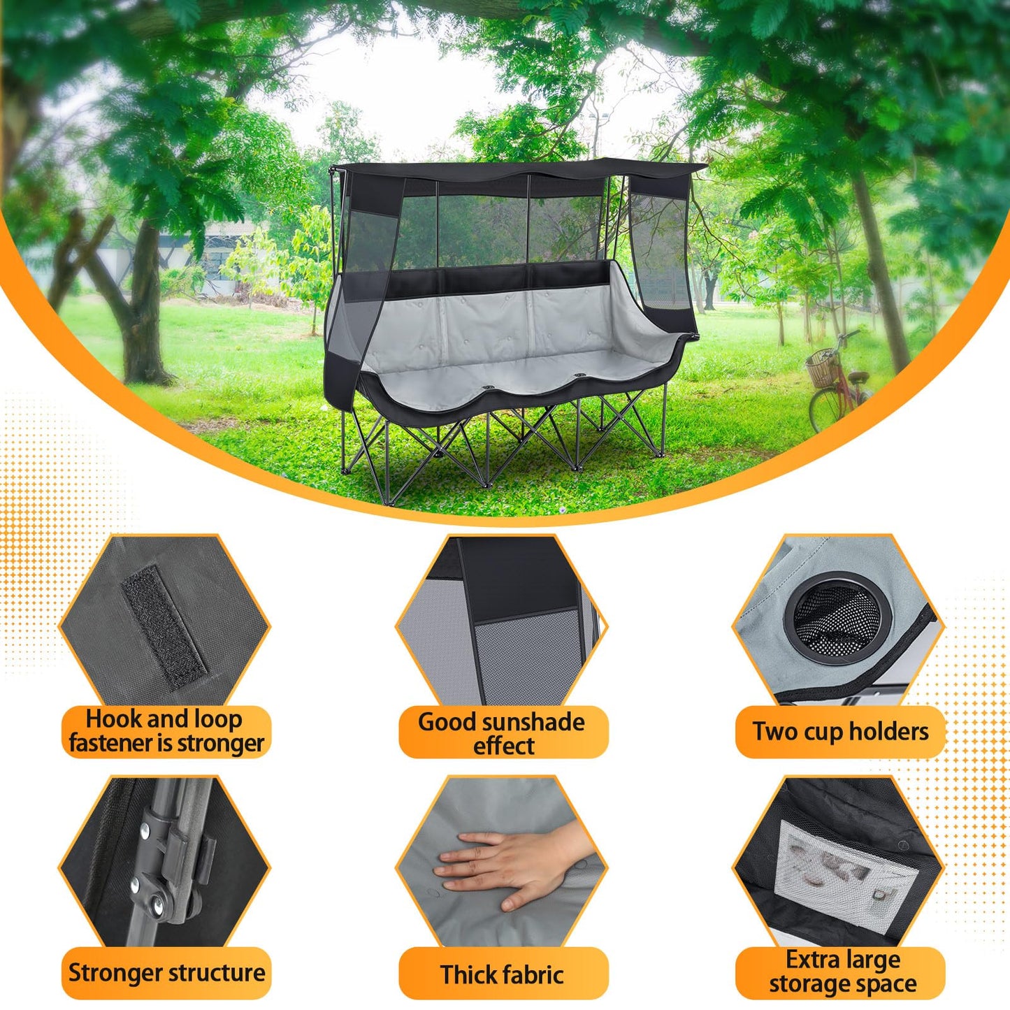 Teenyyou 3 Person Camping Chair with Canopy – Ultimate UV Sun Protection, 700lbs Heavy Duty Oversized Beach Chair, Foldable Portable Sofa with Cup Holder & Storage for Beach Lawn Outdoor(Black)