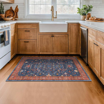 Skiennix Washable Kitchen Rugs - Stain Resistant Non-Slip Area Rug for Entryway | 3x4 Navy Blue Boho Décor