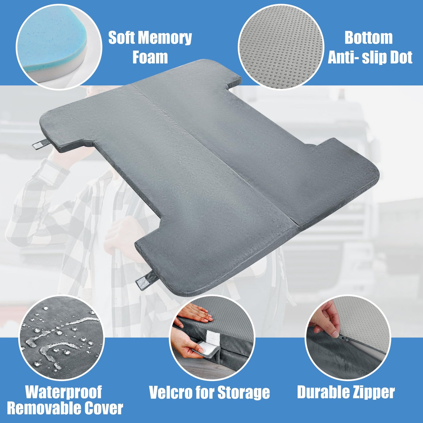 HOMBYS Memory Foam Truck Bed Mattress for 6ft to 6.5ft, Foldable 2.5" Thickness Full Size Truck Bed, Pick Up Mattress for Tent Camping, Grey