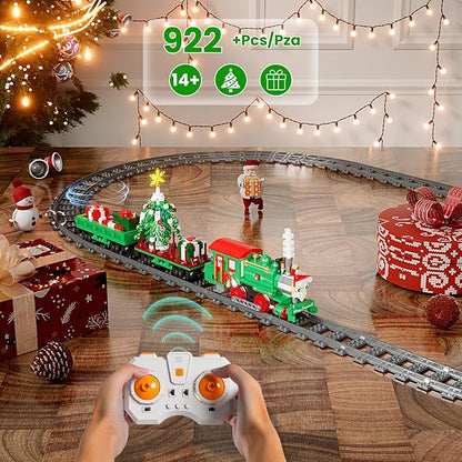 Mould King Christmas Train Building Set Locomotive Model Blocks Kit with Christmas Tree RC Toy Train Sets for Boys Kids and Adults 12039 App and Remote Control Steam Train with Motor (922 Pieces)