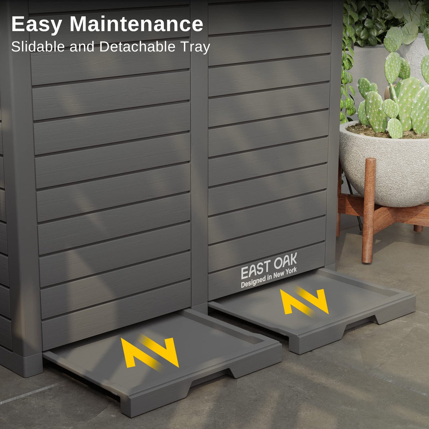 East Oak 62 Gallon Outdoor Trash Can | Waterproof Resin Garbage Can Featuring Tiered Lid & Drip Tray | Outside Trash Bin for Kitchen, Patio | Backyard & Deck | Gray Color