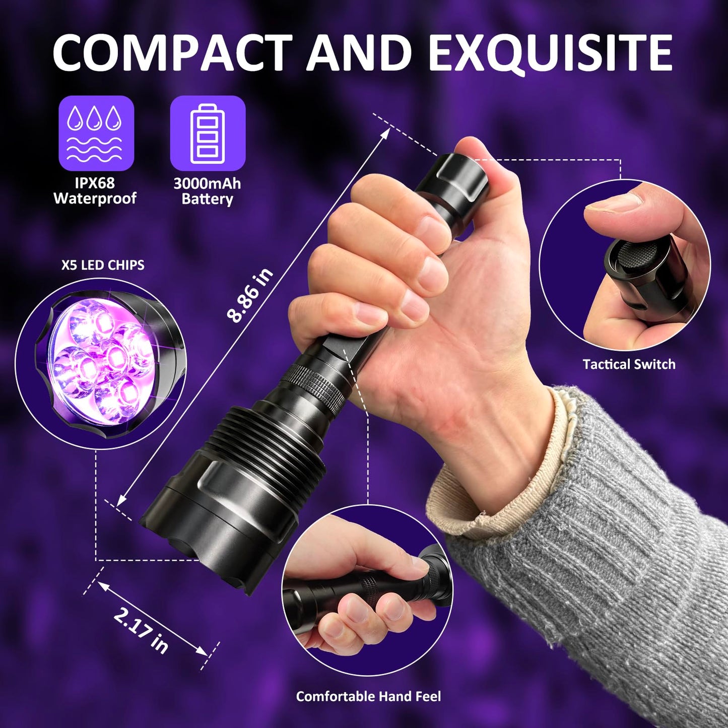 SAOPRKLER 395nm UV Flashlight High Intensity 5 LED Black Light Flashlights for Pet Urine Detection, Scorpion Spotting, AC System Inspection and Rock Fluorescence UV5