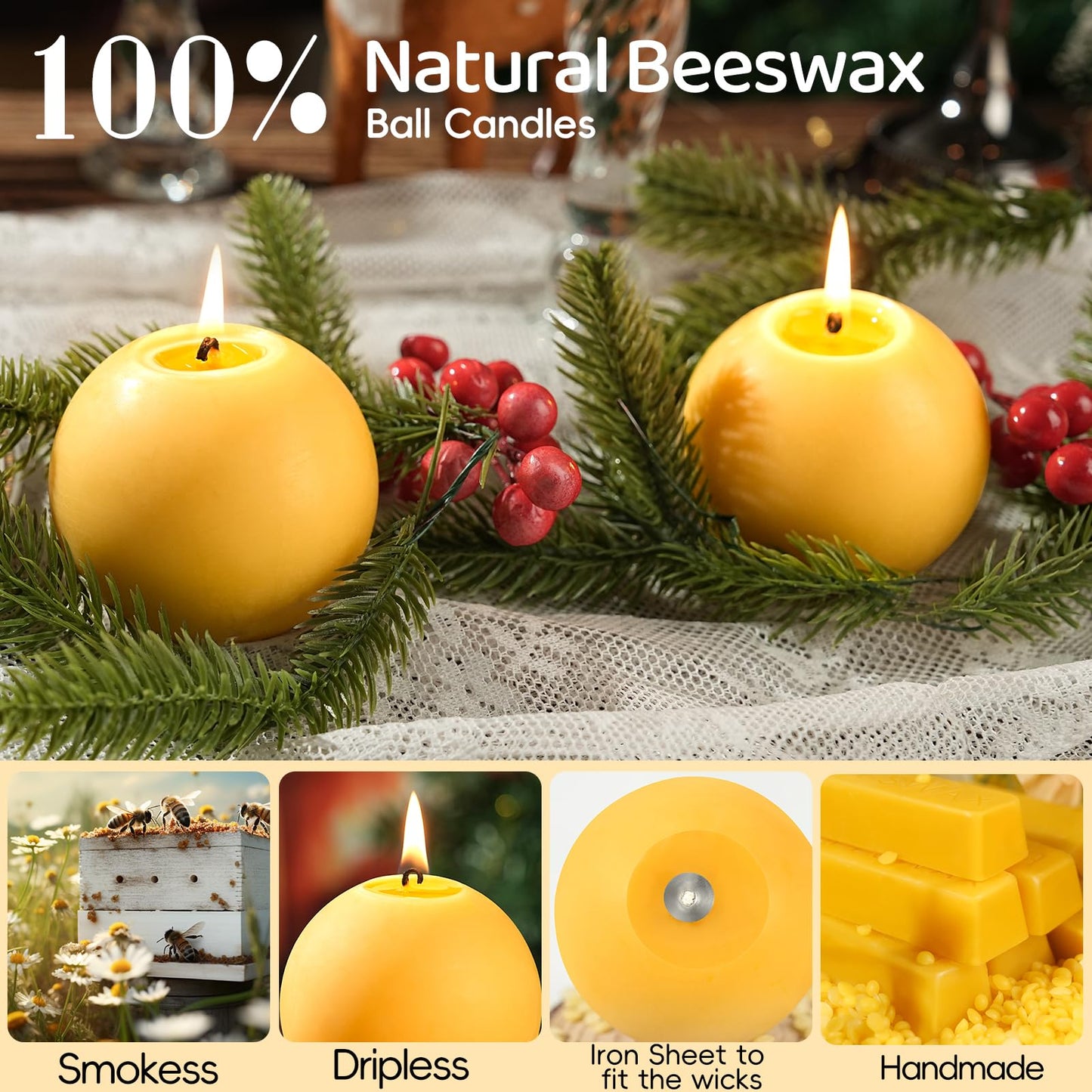 2 Pack Beeswax Round Ball Candles,Hand-Poured Natural Beeswax Candles- 60 H Long Burning Elegant Bees Wax Candles for Home,Paryer,Parties,Unscented Dripless Smokeless Beeswax Candle