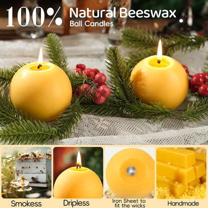 2 Pack Beeswax Round Ball Candles,Hand-Poured Natural Beeswax Candles- 60 H Long Burning Elegant Bees Wax Candles for Home,Paryer,Parties,Unscented Dripless Smokeless Beeswax Candle
