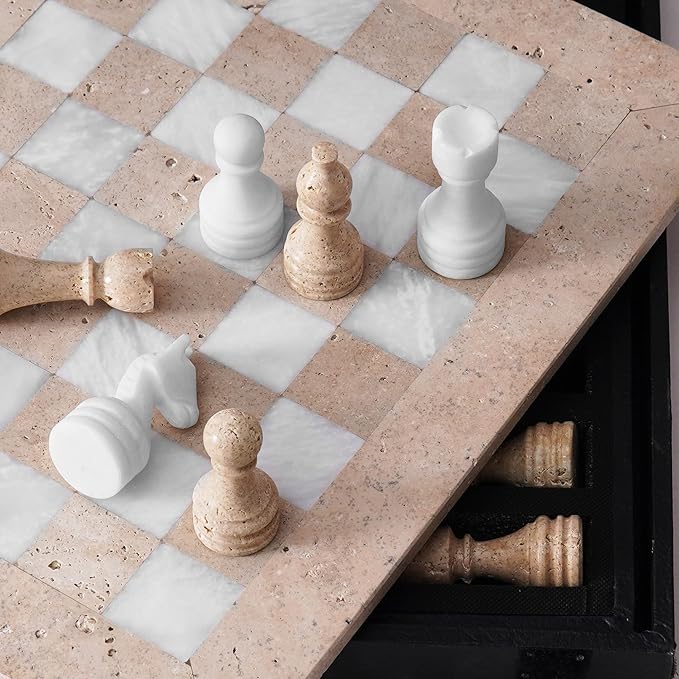 Marble Chess Set 15 Inch Handmade Travertine &amp White Luxury Board Games for Adults Elegant Table top Board Game Travel Chess Pieces &amp Storage Box for Gifts &amp Home Decor