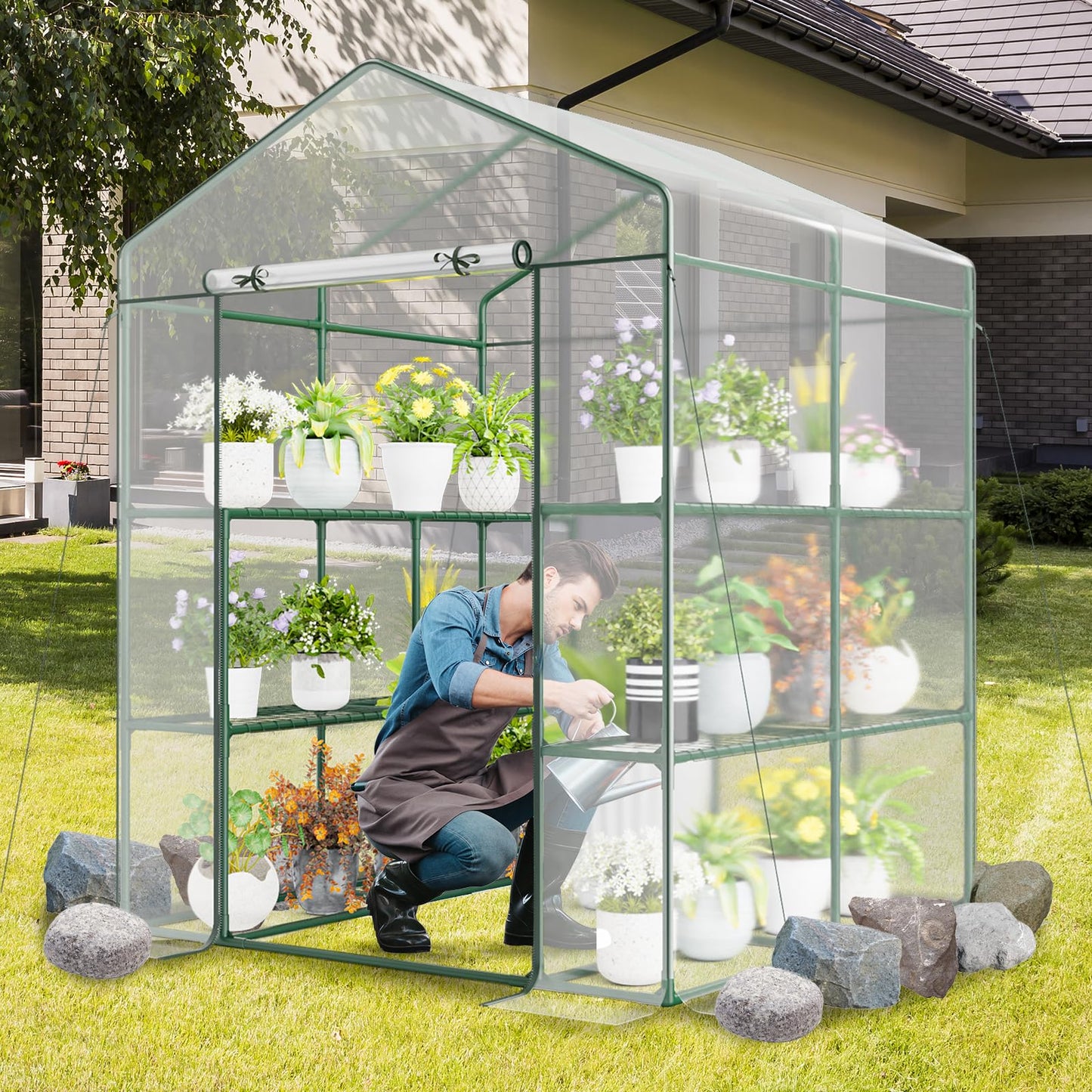 Happygrill Greenhouse, Portable Greenhouses for Outdoors w/8 Shelves, Roll-Up Zippered Door, 2 Observation Windows & 2 Tiers, Weather-Proof PE Cover, Wind Rope (Transparent, 55” x 57” x 77”)