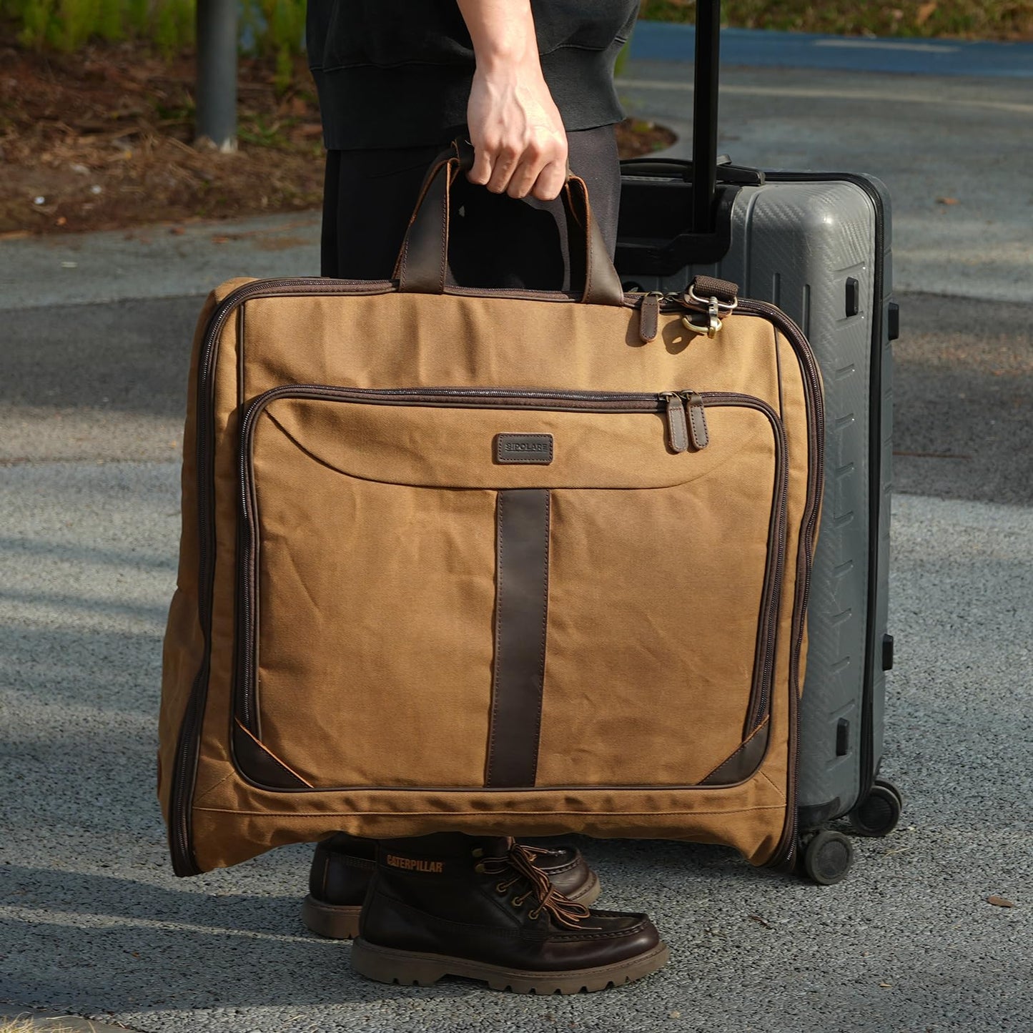 Polare Waxed Canvas Full Grain Leather Trim Garment Carry on Bag for Business Travel, Waterproof Hanging Suit Luggage Bag Wrinkle-Free Suit Cover with YKK Zipper and Shoulder Strap