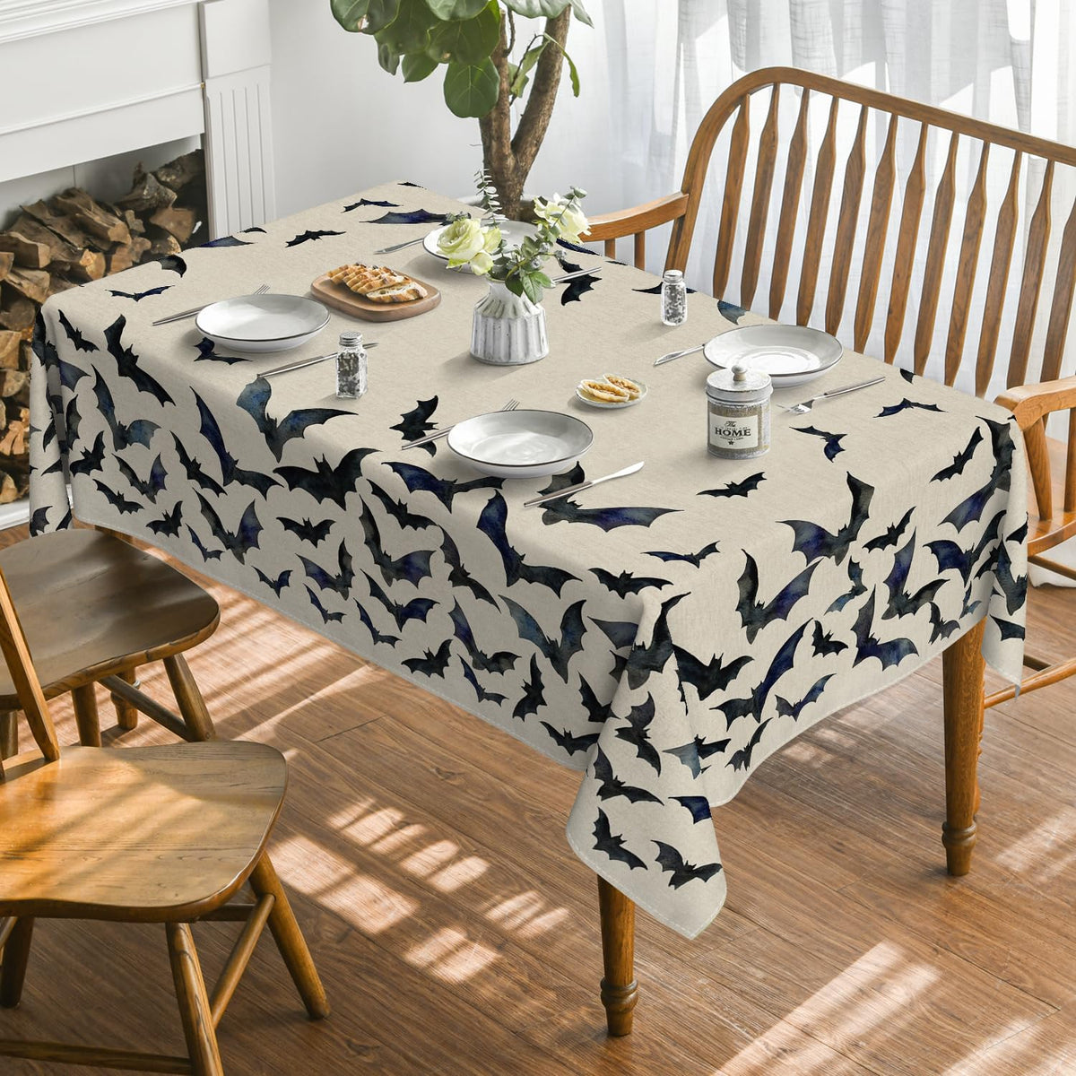 Horaldaily Halloween Tablecloth 52x70 Inch Rectangular, Bats Washable Table Cover for Party Picnic Dinner Decor