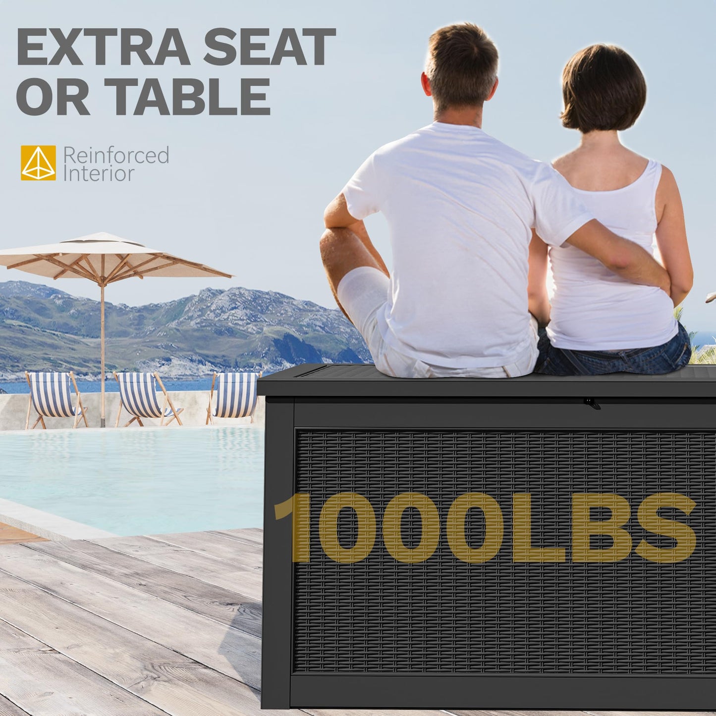 DWVO 320 Gallon Resin Outdoor Storage Box, XXL Large Waterproof Deck Box, Doubles as Table or Seating with 1000 lbs Capacity, Lockable (Black)