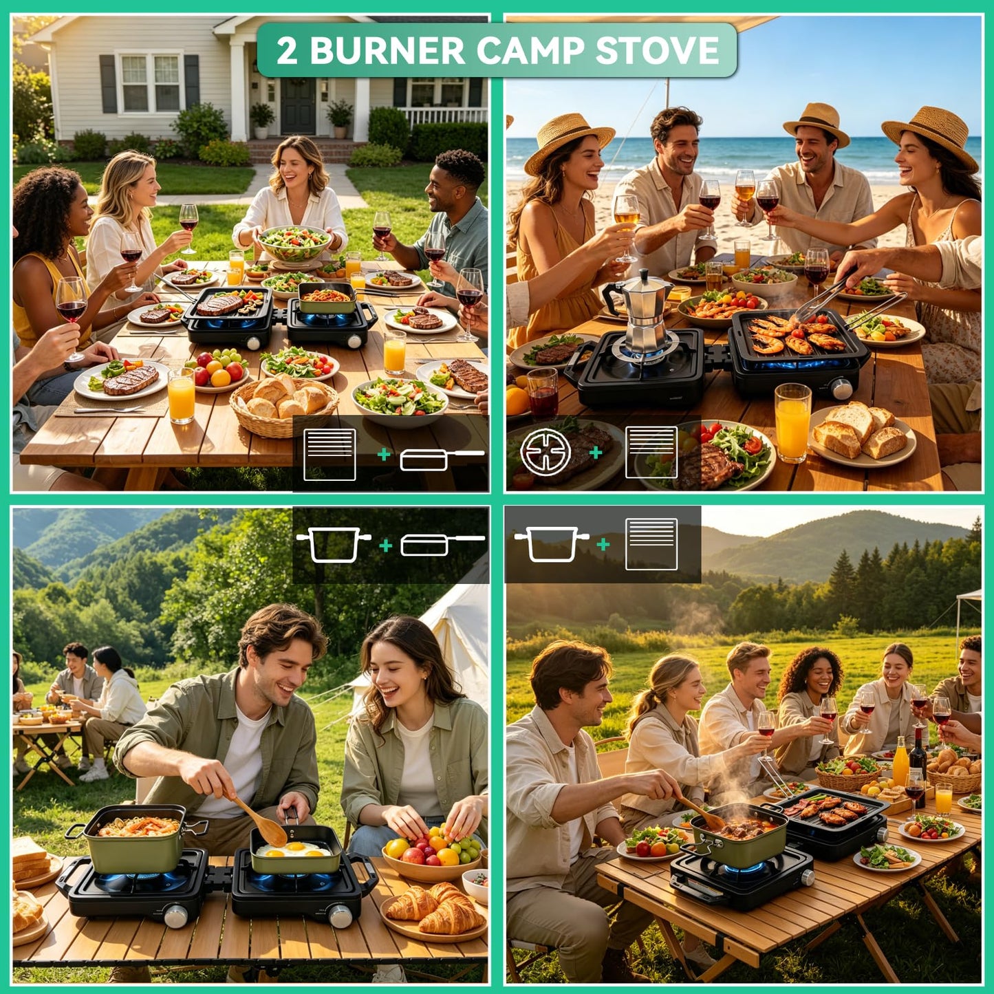 2 Burner Camping Stove 24000 BTU, Portable Propane Camp Stove Set with Frying Pan and Pot, Wind Shield, Griddle, Adjustable Dual Gas Stoves Camping Cooking Kit For RV, Tailgating, Survival, Black