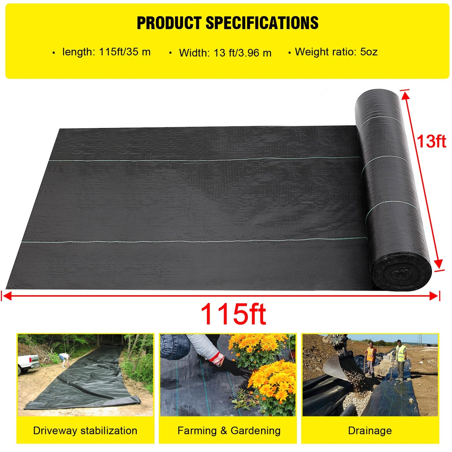 Driveway Fabric, 13x115 ft Commercial Weed Barrier, Heavy Duty 5oz French Drain Fabric for Erosion Control, Landscape Projects