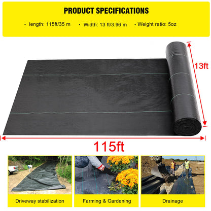 Driveway Fabric, 13x115 ft Commercial Weed Barrier, Heavy Duty 5oz French Drain Fabric for Erosion Control, Landscape Projects