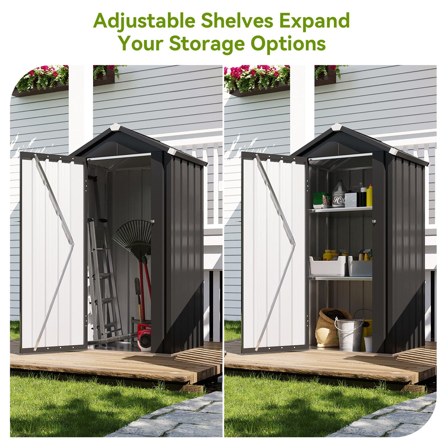 Aoxun Vertical Metal Tool Cabinet 2.5x2FT, 21 Cu.Ft Weatherproof Outdoor Storage Shed with Floor & Adjustable Shelves, Space-Saving Design for Garden, Garage, Patio
