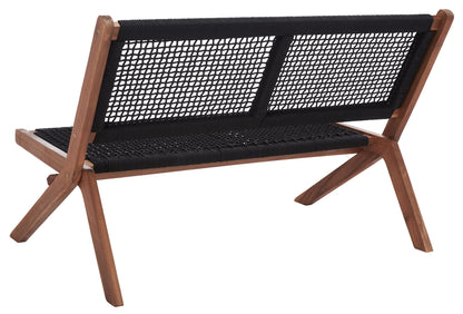 SAFAVIEH Outdoor - Kobina Folding Bench - Natural & Black - Solid Wood and Rope - Modern Sculpted Folding Design - Ideal for Patio, Deck, Porch, Backyard, 13.8" Seat Height (PAT7304E)