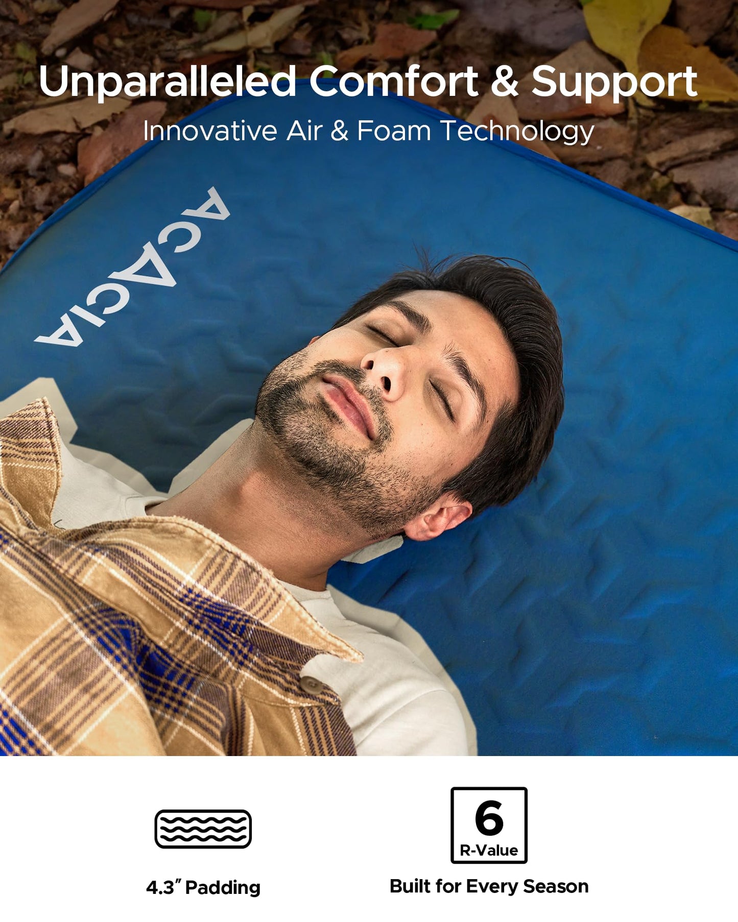 Acacia 4.3" Thick Self Inflating Sleeping Pad with Foam | Innovative Y-Shaped Telescopic Structure | Ultraportable Camping Mattress | Outdoor Compact Air Mat for Tent Car | Full