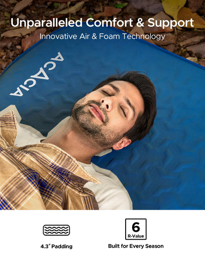 Acacia 4.3" Thick Self Inflating Sleeping Pad with Foam | Innovative Y-Shaped Telescopic Structure | Ultraportable Camping Mattress | Outdoor Compact Air Mat for Tent Car | Full