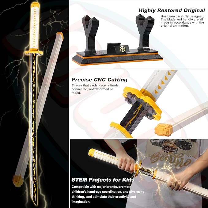 Jorumo Swords Building Set 39in Zenitsu Sword Building Block with Scabbard and Stand Katana Gift for Boy 956 Pcs
