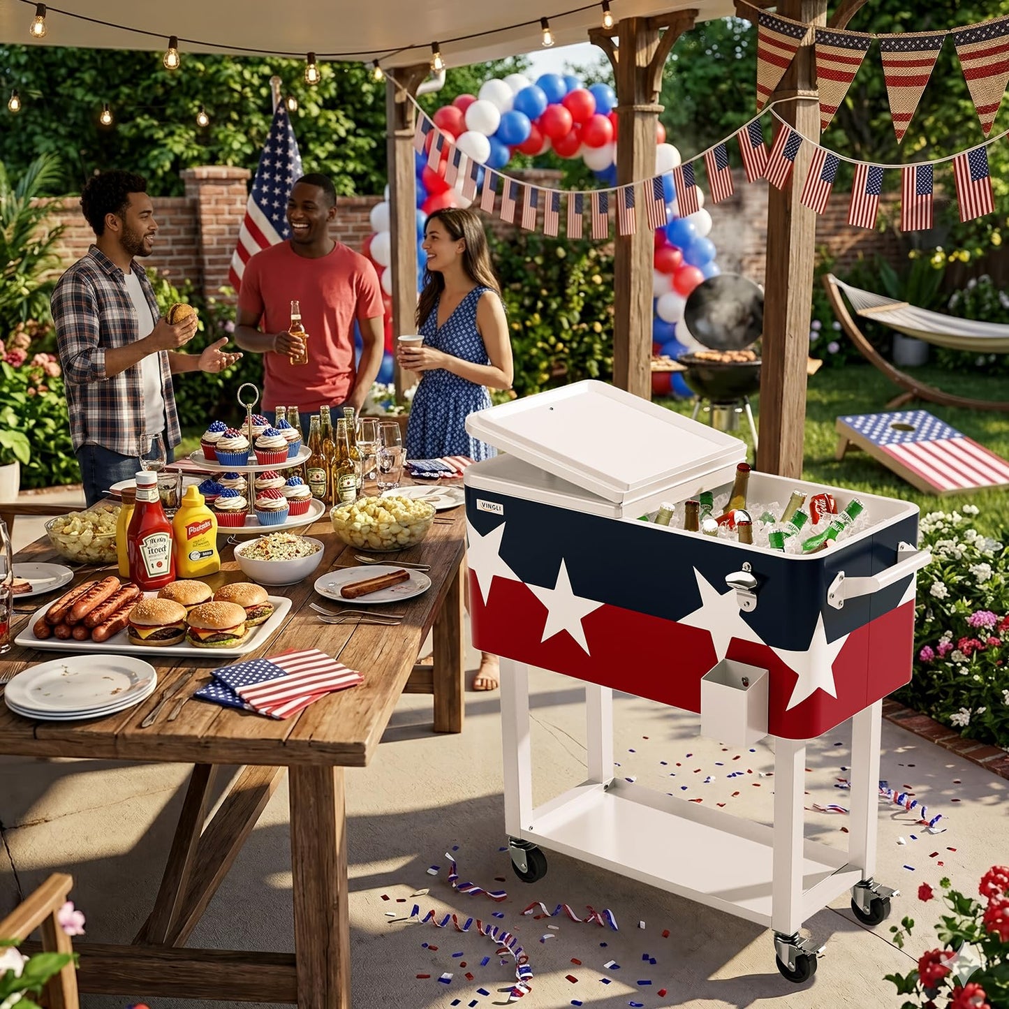 VINGLI 80 Quart Rolling Ice Chest, Portable Patio Party Bar Drink Cooler Cart, with Shelf, Beverage Pool with Bottle Opener (Red， White & Blue)