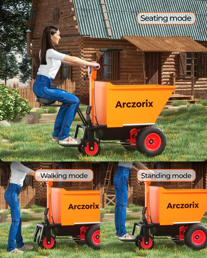 Arczorix Wheelbarrow Utility Cart with Seat & Stand, Electric Powered Cart 48V 20Ah Sealed Lead Acid Battery 1000W Capacity 2205Lbs, Material Hauler, Electric Wagon