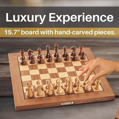 Millennium Chess Classics Exclusive - Electronic Chess Board Set - Chess Teacher &amp Trainer - Auto Sensing Light Up Squares - Smart AI Chess Board for Enhanced Gameplay - Real Wood Hand-Carved Piec