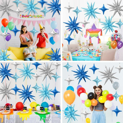 Blue Silver Star Balloons Kit with 6pcs 22in Cone Foil Balloons and 10pcs 10in Four Pointed Star Balloons for Birthday Anniversary Disco Party Decorations
