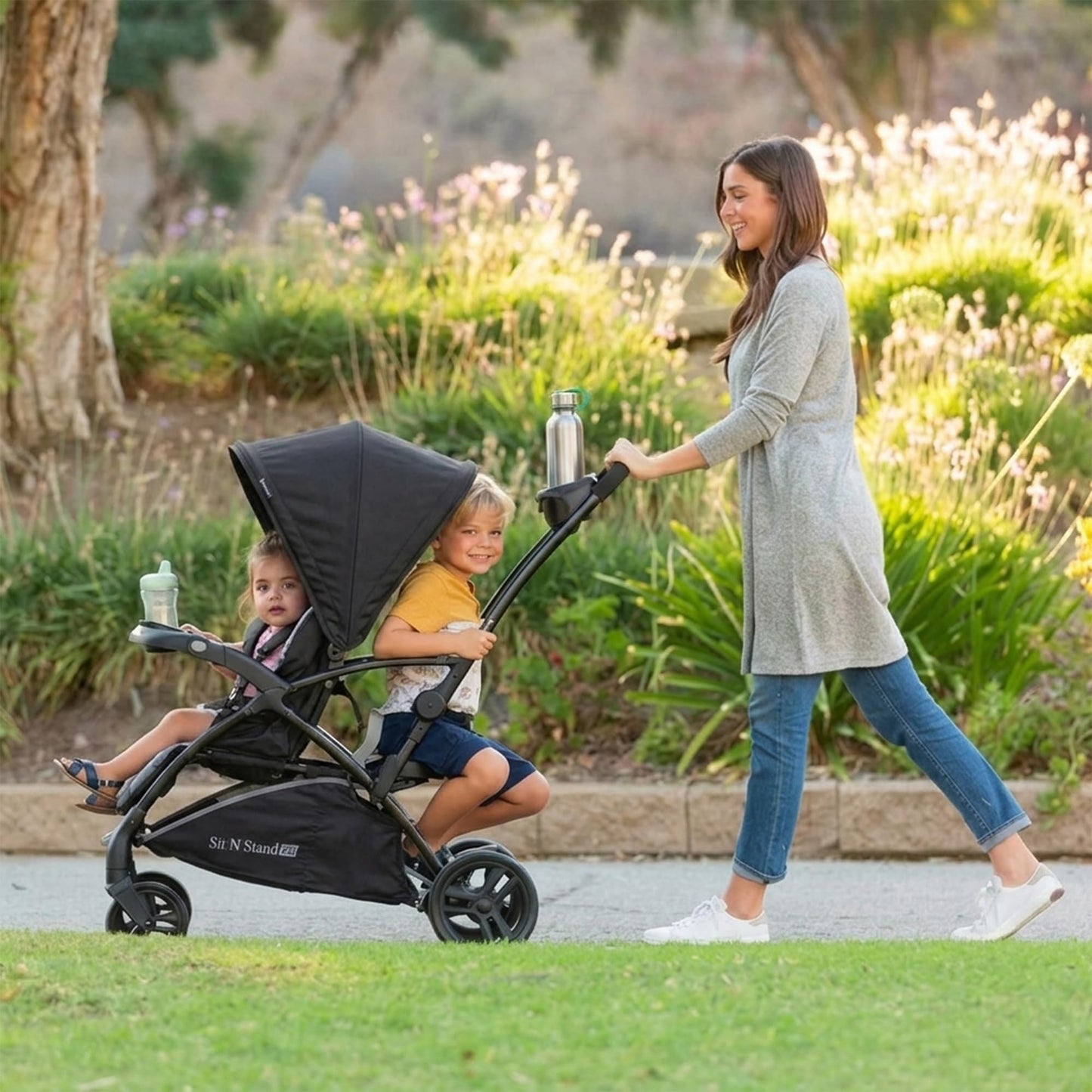 Baby Trend Sit N' Stand 2.0, 5-in-1 Collapsible Sit and Stand Double Stroller with Bench and Standing Board, Compact Fold, Parent Console, Simple Grey