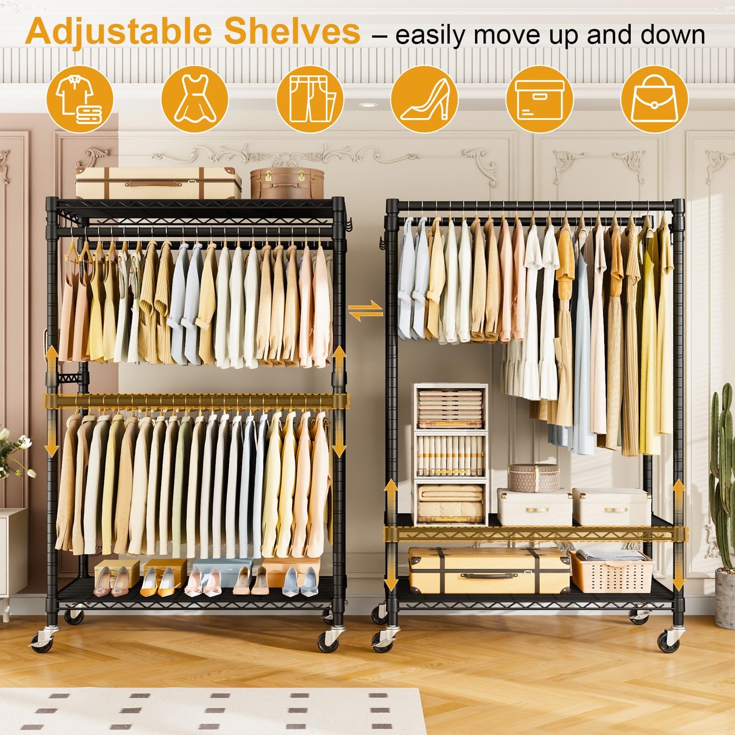 ULIFHOME P4 Plus Rolling Clothes Rack Heavy Duty, Clothing Racks for Hanging Clothes, Free Standing Garment Racks with Wheels, Portable Closet Rack 45''W × 20.5''D × 80.5''H, Max Load 570 Lbs, Black