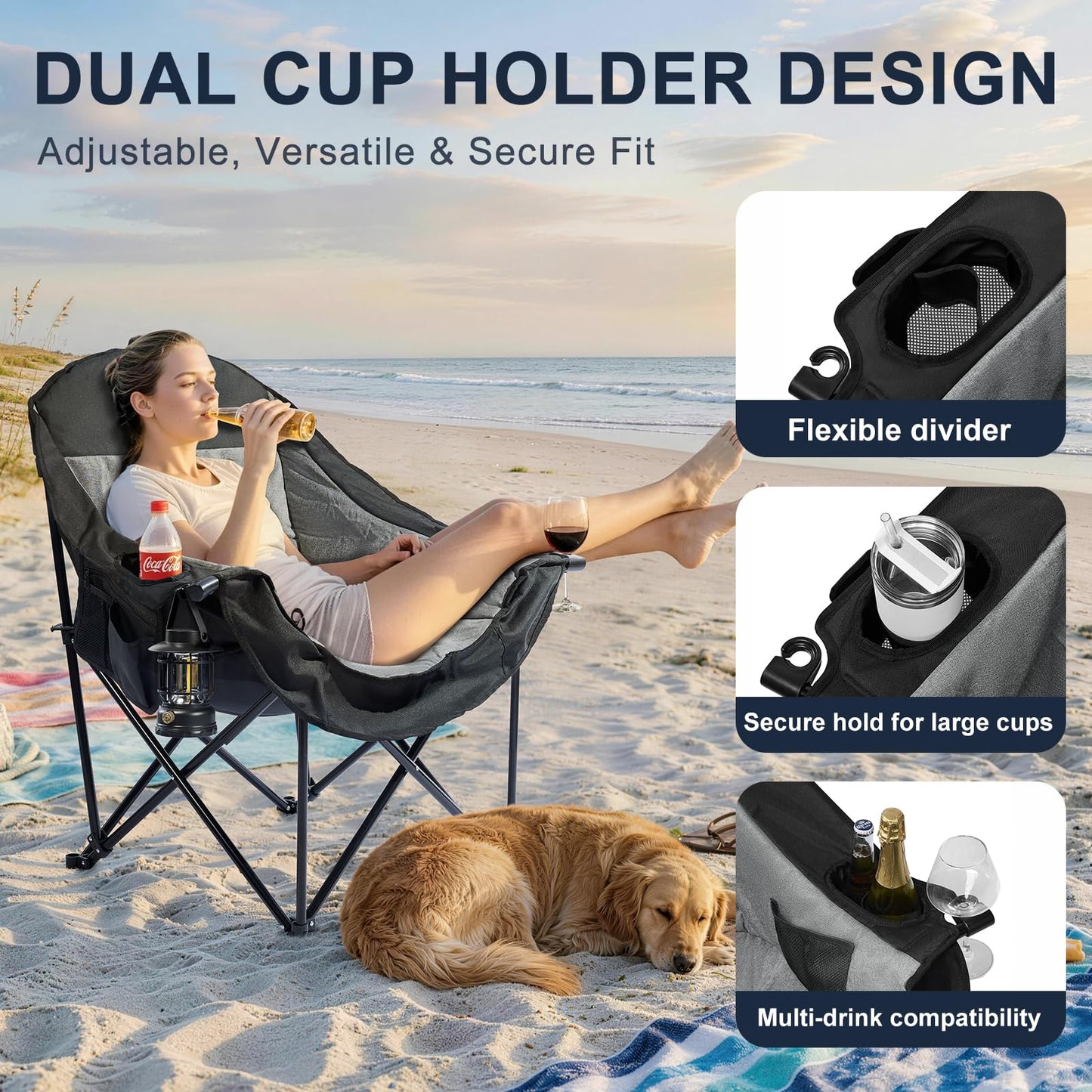 Oversized Camping Chairs for Adult - Heavy Duty Padded Portable Folding Chair XL Collapsible Camp Chair with Cup Holder Side Pocket for Outdoor Lawn Beach Sport Fishing Support 500LBS, Grey