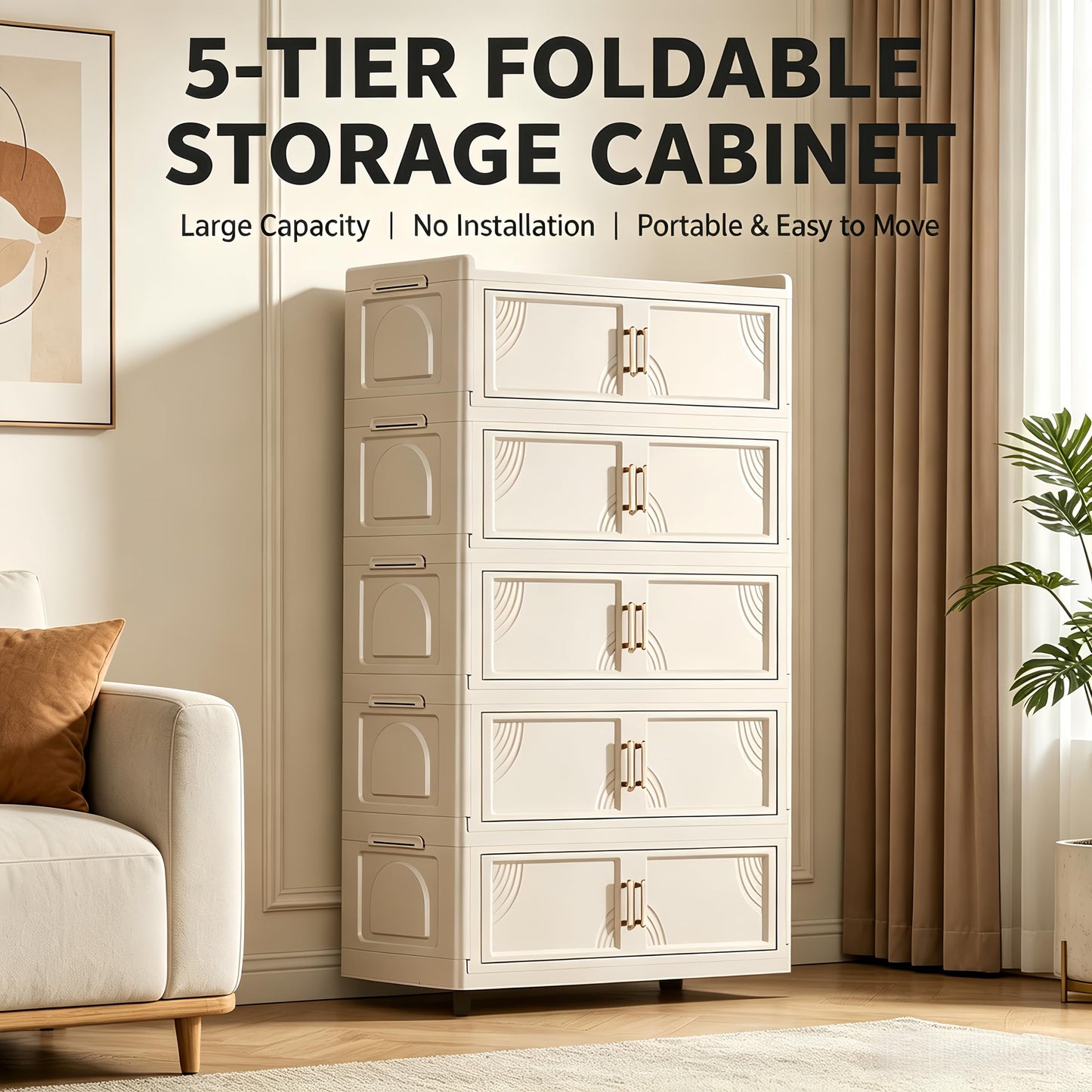 FoldTrend 5 Tier Foldable Storage Cabinet with Lids, 313QT Large Premium PP Storage Organizer with Magnetic Doors and Wheels, Heavy Duty White Storage Bins for Home, Office, Kitchen, Dorm