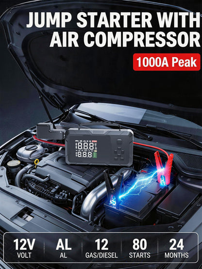 CTWJO Jump Starter with Air Compressor, 3000A Portable Car Battery Jumper Starter with 100W Wall Charger, 16000mAh Power Bank PD 65W Fast Charging, 150PSI Tire Inflator (30L/min), 12V Jump Box