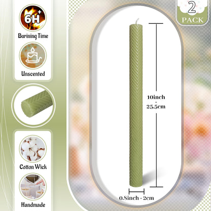 Ribbed Taper Candles Unscented Grass Green Candlesticks 10 Inch Handmade Long Candle Smokeless Texture Candle Sticks for Dinner Weddings Decoration Gifts Set of 2