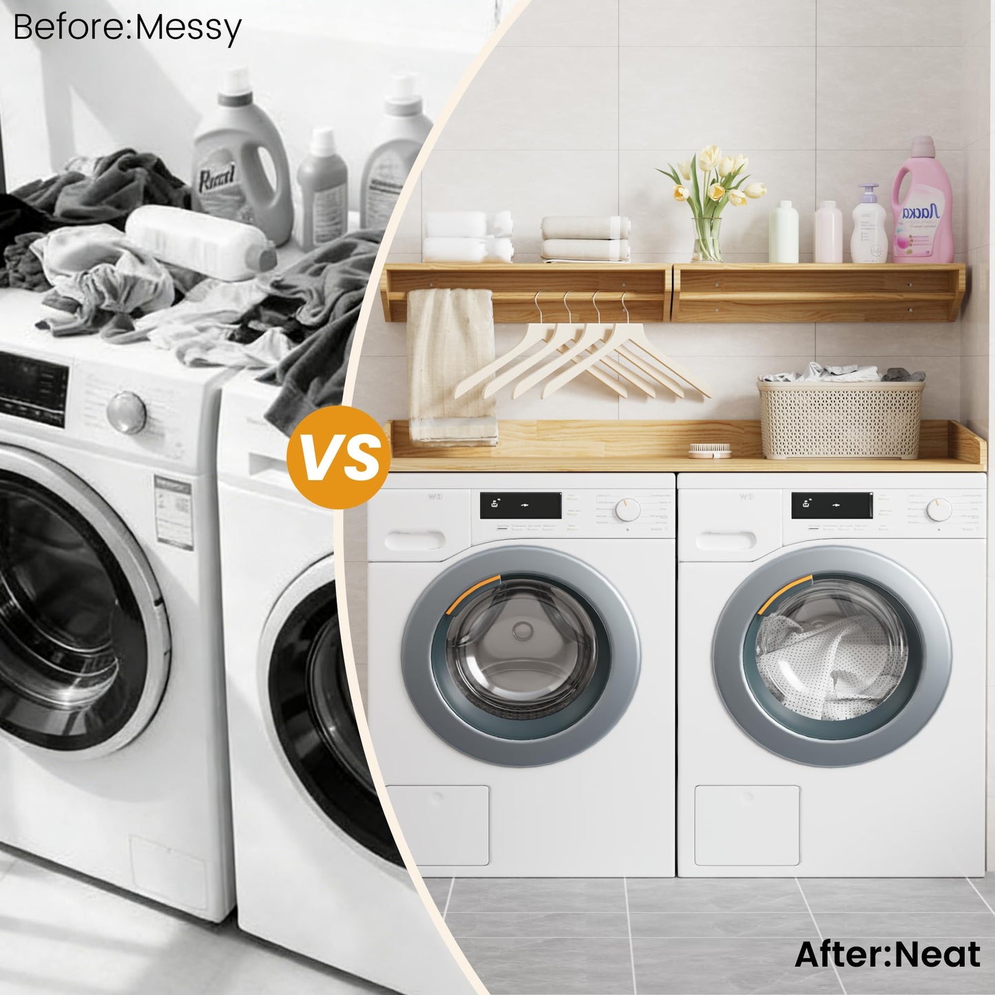 YEMNMFH Solid Wood Washer Dryer Countertop & Wall Mounted Clothes Rack - 2-in-1 Laundry Room Organization and Storage, Floating Garment Shelf with Hanging Rod, Washer Dryer Topper with Anti-Slip Pads