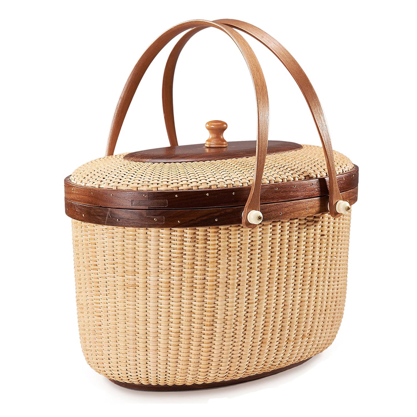 Teng Jin Nantucket Sewing Basket Purse, Containers with Dual Wood Handles .Cane-on-cane weave basket craft basket, with lid with handle