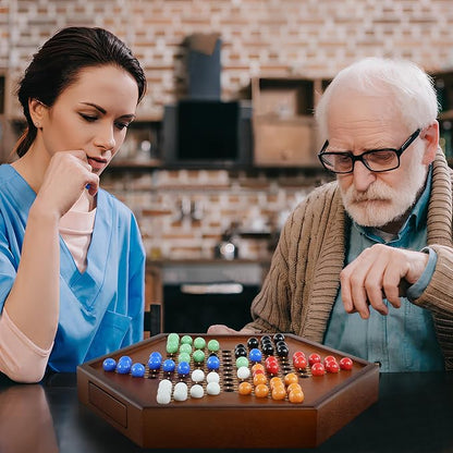 Chinese Checkers 15 x 13 Large Wooden Checkers Board Game Includes 16mm 60+12 Colorful Glass MarblesClassic Strategy Family Board Game for AdultWalnut