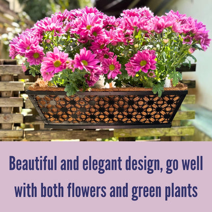 LaLaGreen Window Box Planter for Outdoor Plants (4 Pack, 16 Inch) Black Metal Rectangular Flower Pot Wall Planters with Coco Liner, Modern Horse Trough Railing Garden Balcony, Patio, Fence, and Deck