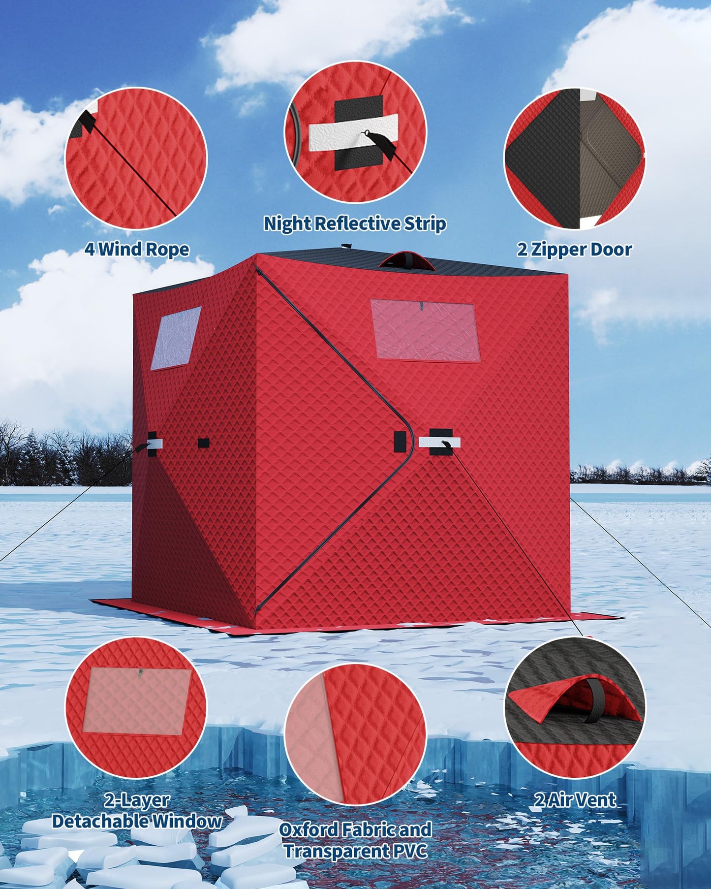 Garvee Pop-up Ice Fishing Tent for 3-4 Persons, Hub-Style Insulated Portable Ice Fishing Shelter with Carrying Bag, Zippered Door, Wind Rope & Anchors, Red