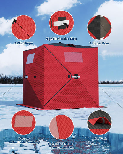 Garvee Pop-up Ice Fishing Tent for 3-4 Persons, Hub-Style Insulated Portable Ice Fishing Shelter with Carrying Bag, Zippered Door, Wind Rope & Anchors, Red