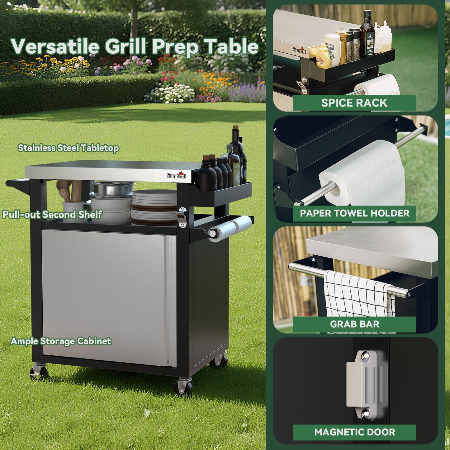 Stanbroil Rolling Grill Table Cart with Storage Cabinet, 3-Shelf Movable Prep Table Outdoor Bar, Multifunctional Grill Cart with Stainless Steel Tabletop, Paper Towel Holder