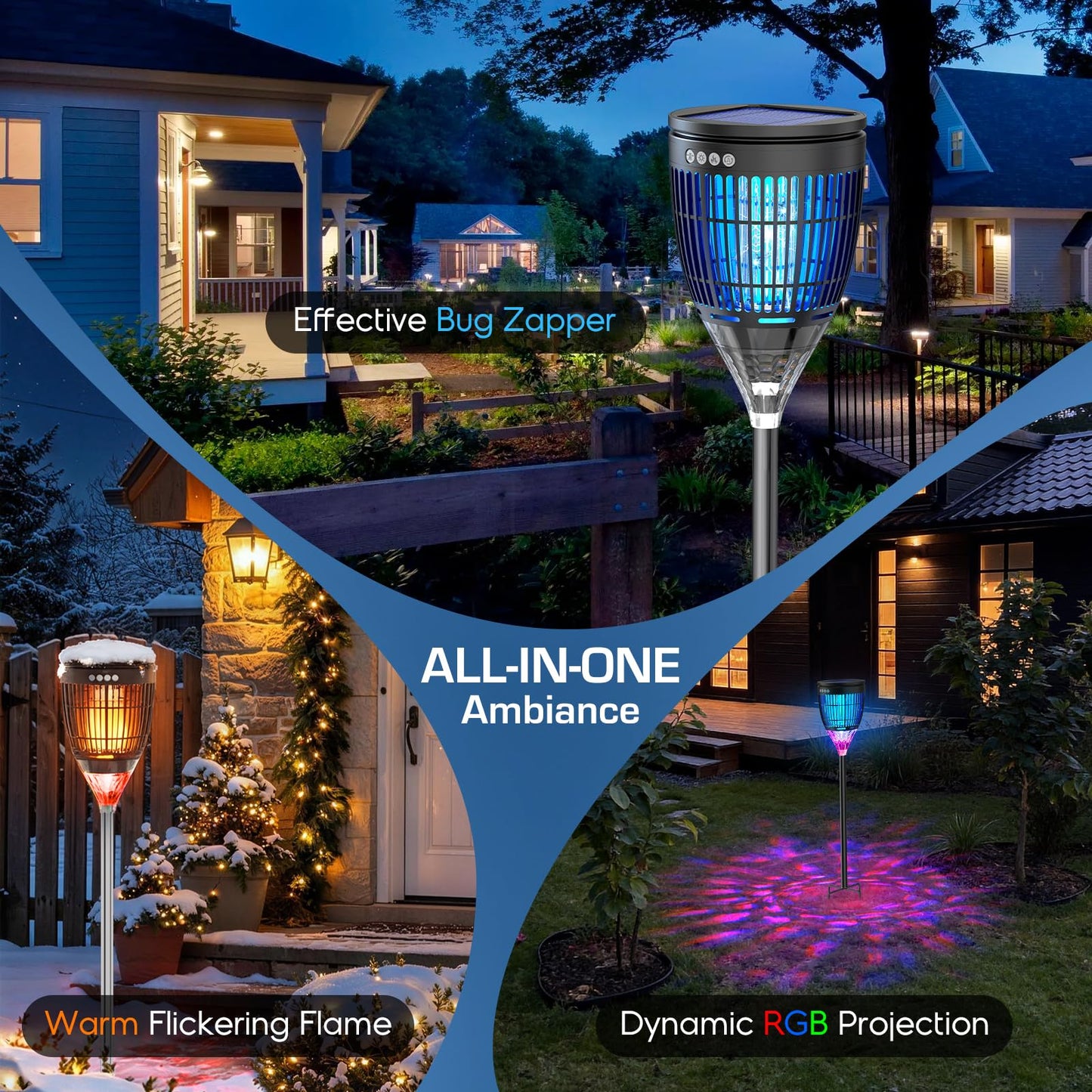 Solar Bug Zapper Outdoor, Mosquito Zapper with Flame & Projector Light Cordless Waterproof, Auto On/Off, Mosquito Trap Solar Powered, 4200V Electric Fly Zapper Killer for Patio Yard Camping Garden